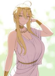 Rule 34 | 1girl, ahoge, artoria pendragon (fate), artoria pendragon (lancer) (dream portrait) (fate), artoria pendragon (lancer) (fate), backlighting, bare shoulders, blonde hair, bracelet, bracer, braid, breasts, cleavage, dress, fate/grand order, fate (series), french braid, green eyes, hair between eyes, highres, jewelry, large breasts, long hair, looking at viewer, lvl (sentrythe2310), neck ring, necklace, sidelocks, smile, solo, tiara, white dress