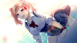 Rule 34 | 1girl, akatsuki yureru koi akari, blurry, blurry background, blush, bow, bowtie, breasts, clothes around waist, double bun, earrings, female focus, game cg, hair bun, hair ornament, hair scrunchie, jewelry, large breasts, leg lift, legs, light blush, looking at viewer, nose blush, open mouth, orange hair, original, pink eyes, red bow, school uniform, scrunchie, skirt, sleeves rolled up, solo, standing, thighs, tobe ririmu, two side up, usume shirou