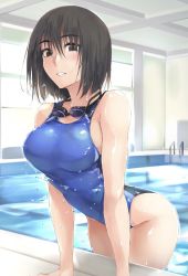 Rule 34 | 1girl, black eyes, black hair, blue one-piece swimsuit, breasts, commentary request, competition swimsuit, cowboy shot, goggles, goggles around neck, highres, indoors, large breasts, leaning forward, looking at viewer, one-piece swimsuit, original, parted lips, pool, pool ladder, short hair, solo, swimsuit, water, zekkyon