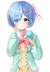 Rule 34 | 1girl, absurdres, alternate costume, blue eyes, blue hair, blush, bow, breasts, collarbone, commentary, dress, eyes visible through hair, food, green jacket, hair ornament, hair over one eye, highres, holding, ice cream, jacket, long sleeves, looking at viewer, pink bow, pink neckwear, re:zero kara hajimeru isekai seikatsu, rem (re:zero), short hair, simple background, small breasts, smile, solo, white background, x hair ornament, yellow dress, zipgaemi