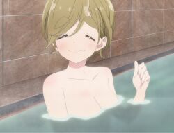 Rule 34 | 1girl, breasts, brown hair, closed eyes, collarbone, completely nude, hair bun, highres, inuyama aoi, large breasts, nude, partially submerged, screencap, smile, stitched, thick eyebrows, third-party edit, water, yurucamp
