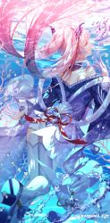 Rule 34 | 1girl, artist name, blue kimono, blurry, blurry foreground, bubble, closed eyes, commentary request, detached collar, facing away, full body, genshin impact, gloves, half gloves, highres, japanese clothes, kimono, long hair, long sleeves, ocean, off shoulder, pink hair, sandals, sangonomiya kokomi, solo, thighhighs, underwater, urashima (hidoro mgmg), very long hair, white gloves, white thighhighs, wide sleeves, zouri