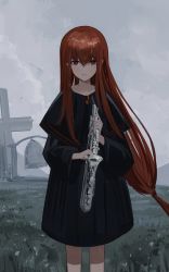 Rule 34 | 1girl, absurdres, amamizu shizuku, bell, black capelet, black dress, braid, brown eyes, brown hair, capelet, commentary request, dress, hair between eyes, highres, holding, holding instrument, instrument, long hair, long sleeves, looking at viewer, low-tied long hair, original, outdoors, overcast, parted lips, saxophone, sky, smile, solo, very long hair, wide sleeves, windmill