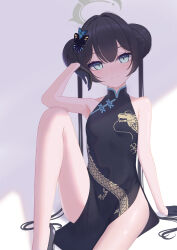 Rule 34 | 1girl, absurdres, black dress, black gloves, black hair, blue archive, blush, breasts, butterfly hair ornament, china dress, chinese clothes, covered navel, double bun, dragon print, dress, gloves, grey eyes, grey halo, hair bun, hair ornament, halo, highres, kisaki (blue archive), leg up, long hair, looking at viewer, mi7t0, pelvic curtain, print dress, shadow, sitting, sleeveless, sleeveless dress, small breasts, solo, sweat, twintails, white background