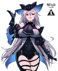 Rule 34 | 1girl, :d, absurdres, arknights, ascot, bare shoulders, black ascot, black gloves, black headwear, black pants, blush, breasts, chinese commentary, clothing cutout, commentary request, copyright name, cowboy shot, gloves, guangsupaomian, hair between eyes, hand up, highres, large breasts, leggings, long hair, looking at viewer, open mouth, pants, partial commentary, red eyes, silver hair, skadi (arknights), skadi (elite ii) (arknights), smile, solo, standing, thigh cutout, thighs, very long hair
