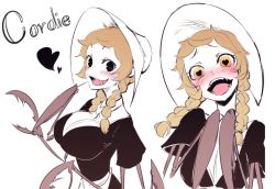 Rule 34 | 1girl, apron, blonde hair, blush, breasts, cliffside, cordie (cliffside), huge breasts, arthropod girl, looking at viewer, maid, maid apron, medium hair, monster girl, open mouth, solo, solopipb, spider girl
