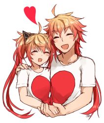 Rule 34 | 1boy, 1girl, ^ ^, ahoge, blush stickers, closed eyes, fate/grand order, fate (series), harahara (harashi001), heart, hetero, highres, holding hands, husband and wife, long hair, open mouth, rama (fate), red hair, shirt, simple background, sita (fate), sketch, smile, t-shirt, twintails, very long hair, white background