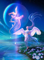 Rule 34 | 1girl, angel, angel wings, barefoot, bird, dress, field, floating hair, flower, forest, glowing, large wings, long hair, looking up, magic, moon, nature, night, original, outstretched hand, ripples, see-through, signature, sky, spirit, star (sky), starry sky, takashi mare, very long hair, water, white dress, white hair, wings