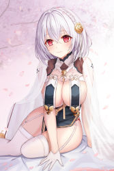 Rule 34 | 1girl, azur lane, bird, blush, braid, breast curtains, breasts, cherry blossoms, chick, china dress, chinese clothes, cleavage, closed mouth, dress, flower, funii, garter straps, gloves, grey dress, hair between eyes, hair flower, hair ornament, half gloves, highres, large breasts, looking at viewer, manjuu (azur lane), neckwear between breasts, pelvic curtain, petals, red eyes, revealing clothes, see-through, see-through sleeves, short hair, side braid, sideboob, sirius (azur lane), sirius (azure horizons) (azur lane), smile, thighhighs, thighs, white gloves, white hair