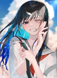 Rule 34 | 1girl, bad hands, black eyes, black hair, black sailor collar, blue hair, blue sky, blurry, blurry background, cloud, colored inner hair, commentary request, day, fingernails, grin, hands up, heterochromia, highres, holding, holding hose, hose, long hair, looking at viewer, mizumi zumi, multicolored hair, nail polish, neckerchief, original, outdoors, parted lips, pink nails, red neckerchief, sailor collar, school uniform, serafuku, shirt, short sleeves, sky, smile, solo, two-tone hair, upper body, water drop, white eyes, white shirt, wind
