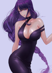 Rule 34 | 1girl, bare shoulders, black dress, braid, breasts, cleavage, collarbone, cowboy shot, dress, filha, genshin impact, grey background, highres, large breasts, long hair, low-braided long hair, low-tied long hair, parted lips, purple eyes, purple hair, raiden shogun, signature, simple background, solo, tight clothes, tight dress, very long hair