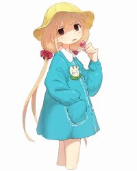 Rule 34 | 1girl, absurdres, aqua dress, blonde hair, candy, cropped legs, dress, food, frown, futaba anzu, hair ribbon, hand in pocket, hat, highres, holding, holding candy, holding food, holding lollipop, idolmaster, idolmaster cinderella girls, kindergarten uniform, lollipop, long sleeves, looking at viewer, name tag, nendo23, ribbon, school hat, simple background, solo, twintails, white background