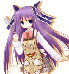 Rule 34 | 1girl, apron, bell, bow, bowtie, colored skin, cowboy shot, grey skin, holding, jingle bell, ladle, little busters!, long sleeves, looking at viewer, pink bow, plaid, plaid skirt, red bow, red bowtie, sasasegawa sasami, shirt, simple background, skirt, solo, thighs, white background, white shirt, yuzuki (yuduame)