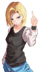 Rule 34 | 1girl, absurdres, android 18, arm at side, black shirt, blonde hair, blue eyes, blush, breasts, censored, censored gesture, closed mouth, collarbone, commentary request, cowboy shot, dragon ball, dragonball z, earrings, eyelashes, frown, hand up, highres, hoop earrings, jewelry, long sleeves, looking at viewer, medium breasts, medium hair, middle finger, mosaic censoring, raikun raikun, shirt, simple background, solo, standing, straight hair, white background, white sleeves