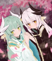 Rule 34 | 2girls, cherry blossoms, fate/grand order, fate (series), grey hair, highres, holding hands, horns, japanese clothes, kimono, kiyohime (fate), kiyohime (onmyoji), kiyohime (third ascension) (fate), multicolored background, multiple girls, pocari (sq551), sparkle, white hair, yellow eyes