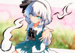 Rule 34 | 1girl, aqua eyes, black bow, black bowtie, black hairband, black ribbon, blue skirt, blue vest, bob cut, bow, bow hairband, bowtie, closed mouth, collared shirt, commentary, hair ribbon, hairband, hand up, highres, hitodama, konpaku youmu, konpaku youmu (ghost), light blush, long sleeves, looking at viewer, outstretched arm, outstretched hand, overexposure, qqqrinkappp, ribbon, shirt, short hair, skirt, skirt set, smile, solo, touhou, traditional media, upper body, vest, watercolor background, white hair, white shirt, wing collar