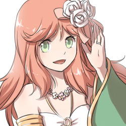 Rule 34 | 1girl, bikini, commentary request, detached sleeves, flower, flower necklace, green eyes, green sleeves, gypsy (ragnarok online), hair flower, hair ornament, hand up, jewelry, long hair, looking at viewer, natsuya (kuttuki), necklace, o-ring, o-ring bikini, open mouth, pink flower, pink hair, ragnarok online, ring, rose, simple background, smile, solo, swimsuit, upper body, white background, white bikini, white flower