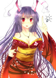 Rule 34 | 1girl, animal ears, bare shoulders, blush, breasts, rabbit ears, cleavage, fang, female focus, heart, heart-shaped pupils, highres, japanese clothes, jewelry, kimono, light bulb, long hair, medium breasts, necklace, obi, off shoulder, open mouth, pendant, pointing, purple hair, red eyes, red kimono, reisen udongein inaba, sash, smile, solo, symbol-shaped pupils, touhou, very long hair, xe-cox, yukata