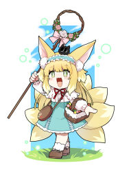 Rule 34 | 1girl, animal ear fluff, animal ears, arknights, bag, black cat, blonde hair, bobby socks, brown bag, brown footwear, cat, chibi, chinese commentary, commentary request, creature, creature on head, cross-laced clothes, cross-laced skirt, cross-laced slit, crossover, fox ears, fox girl, fox tail, frilled hairband, frills, full body, green hairband, green skirt, hairband, heixiu, high-waist skirt, highres, holding, holding staff, kazuki sakura, long hair, long sleeves, luo xiaohei zhanji, mary janes, neck ribbon, official alternate costume, on head, open mouth, puffy long sleeves, puffy sleeves, red ribbon, ribbon, round bag, shirt, shoes, shoulder bag, skirt, socks, staff, suzuran (arknights), suzuran (spring praise) (arknights), tail, white shirt, white socks