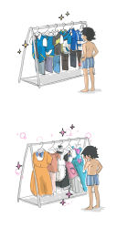 Rule 34 | 1boy, 2koma, ash ketchum, blue boxers, blue male underwear, blush, boxers, clothes hanger, comic, creatures (company), dress, facepalm, facing away, from behind, game freak, hand on own hip, highres, maid, male underwear, multiple views, nintendo, pants, pokemon, pokemon (anime), pokemon (classic anime), pokemon bw (anime), pokemon dppt (anime), pokemon rse (anime), pokemon sm, pokemon xy (anime), shirt, simple background, sparkle, striped boxers, striped male underwear, striped underwear, topless male, underwear, underwear only, vertical-striped boxers, vertical-striped male underwear, vertical-striped underwear, white background