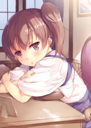 Rule 34 | 10s, 1girl, blush, brown eyes, brown hair, crossed arms, japanese clothes, kaga (kancolle), kantai collection, looking at viewer, mikage sekizai, muneate, picture frame, short hair, side ponytail, solo, table, tasuki