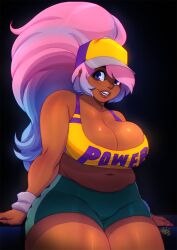 Rule 34 | 1girl, black background, blue eyes, blue hair, breasts, cleavage, clothes writing, commentary, commission, crop top, dark-skinned female, dark skin, english commentary, highres, large breasts, long hair, ming-ming, multicolored hair, original, pink hair, plump, shorts, smile, solo, sports bra, sweatband, thick thighs, thighs, tovio rogers, two-tone hair