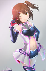 Rule 34 | 1girl, ;d, absurdres, bare shoulders, basa rutan, blue shorts, blue thighhighs, blush, breasts, brown eyes, brown hair, earpiece, elbow gloves, gloves, grey background, hair between eyes, hair ornament, hairclip, hand up, high heels, highres, idolmaster, idolmaster million live!, index finger raised, kasuga mirai, medium breasts, navel, one eye closed, one side up, open mouth, purple gloves, short shorts, shorts, signature, smile, solo, standing, standing on one leg, thighhighs