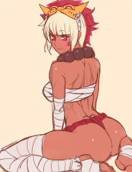 Rule 34 | 1girl, ass, back, bandages, beige background, blush, dark skin, dark-skinned female, facepaint, feet, female focus, fire emblem, fire emblem fates, fundoshi, japanese clothes, jewelry, liperv, looking at viewer, looking back, mask, necklace, nintendo, red eyes, rinkah (fire emblem), sarashi, short hair, simple background, sitting, smile, solo, thick thighs, thighs, toned, wariza, white hair