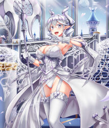 Rule 34 | 3girls, absurdres, arianna the labrynth servant, arianne the labrynth servant, armored corset, armpits, bardiche (weapon), breasts, castle, cleavage, demon girl, demon horns, detached sleeves, dress, duel monster, gloves, grey eyes, grey hair, highres, holding, holding polearm, holding weapon, horns, labrynth cooclock, laughing, leotard, lovely labrynth of the silver castle, moon, multiple girls, ojou-sama pose, petals, pointy ears, polearm, solo focus, stairs, standing, uki (kiw kiu), weapon, white dress, white gloves, white leotard, yu-gi-oh!