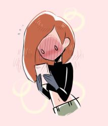 Rule 34 | 1girl, black shirt, black skirt, blouse, blush, cellphone, dear-cotton-candy, full-face blush, highres, kim possible (series), kim possible, long hair, long sleeves, orange hair, phone, pink background, shirt, simple background, skirt, smartphone, solo, stomach, toon (style)