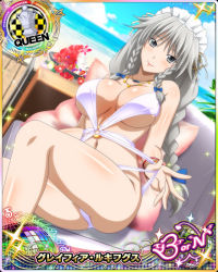 Rule 34 | 1girl, beach, blue sky, bracelet, braid, breasts, card (medium), character name, chess piece, cleavage, closed mouth, cloud, day, female focus, flower, grayfia lucifuge, grey eyes, grey hair, high school dxd, high school dxd born, jewelry, large breasts, lipstick, long hair, looking at viewer, maid headdress, makeup, matching hair/eyes, navel, necklace, o-ring, ocean, official art, one-piece swimsuit, pillow, queen (chess), red lips, seductive smile, sitting, sky, smile, solo, swimsuit, trading card, twin braids, underboob, white one-piece swimsuit
