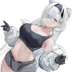 Rule 34 | 1girl, animal ears, arknights, aurora (arknights), aurora (elite ii) (arknights), bare shoulders, bear ears, black gloves, black shirt, blue eyes, breasts, cleavage, closed mouth, coat, collarbone, crop top, dutch angle, eyes visible through hair, gloves, gnai, grey shorts, hair over one eye, hairband, highres, large breasts, long hair, long sleeves, looking at viewer, midriff, navel, off shoulder, open clothes, open coat, puffy sleeves, shirt, short shorts, shorts, simple background, sleeveless, sleeveless shirt, smile, solo, stomach, tank top, white background, white coat, white hair