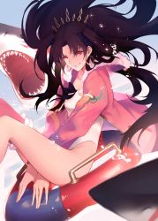 Rule 34 | 1girl, bad id, bad pixiv id, black hair, casual one-piece swimsuit, earrings, fate/grand order, fate (series), feet out of frame, fur-trimmed jacket, fur trim, highleg, highleg swimsuit, highres, hoop earrings, innertube, ishtar (fate), jacket, jewelry, long hair, looking at viewer, one-piece swimsuit, parted lips, pink jacket, red eyes, reroi, riding, shark, smile, swim ring, swimsuit, tiara, two side up, white one-piece swimsuit