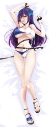 Rule 34 | 1girl, absurdres, ankle strap, arm up, assault lily, bare arms, bare legs, bare shoulders, bed, bed sheet, belt, bikini, black belt, black footwear, black gloves, blue bikini, blunt bangs, breasts, breasts apart, butterfly hair ornament, collarbone, commentary request, dakimakura (medium), flower, full body, funada kiito, gloves, gluteal fold, green eyes, grin, hair ornament, hair spread out, half gloves, halterneck, hand up, head tilt, highres, katana, large breasts, layered bikini, long hair, looking at viewer, looking to the side, lying, multi-strapped bikini, multiple belts, navel, on back, parted lips, partially fingerless gloves, pink flower, purple hair, sandals, shoe flower, sideways glance, smile, solo, stomach, swimsuit, sword, two-tone bikini, underboob, urutsu sahari, v-shaped eyebrows, very long hair, weapon, white bikini