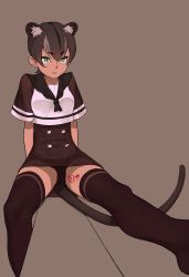 Rule 34 | &gt;:|, 10s, 1girl, :|, absurdres, alternate costume, alternate eye color, animal ears, arms at sides, black neckerchief, black panties, black sailor collar, brown background, brown hair, brown skirt, brown thighhighs, buttons, closed mouth, collared shirt, covered navel, dark-skinned female, dark skin, dosa, extra ears, eyebrows, eyelashes, foreshortening, fossa (kemono friends), fossa ears, fossa tail, green eyes, hair between eyes, high-waist skirt, highres, kemono friends, lips, looking at viewer, multicolored hair, neckerchief, no shoes, oekaki, panties, pantyshot, sailor collar, sanpaku, school uniform, see-through, serafuku, shirt, short hair, short sleeves, simple background, sitting, skirt, sleeve cuffs, slit pupils, solo, spread legs, tail, thick eyebrows, thighhighs, tsurime, two-tone hair, underwear, v-shaped eyebrows, zettai ryouiki