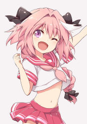 Rule 34 | 1boy, astolfo (fate), astolfo (sailor paladin) (fate), blush, braid, fang, fate/apocrypha, fate/grand order, fate (series), hair intakes, hair ribbon, long hair, looking at viewer, male focus, mitsuki meia, official alternate costume, one eye closed, open mouth, pink hair, purple eyes, ribbon, school uniform, simple background, single braid, smile, solo, trap, v