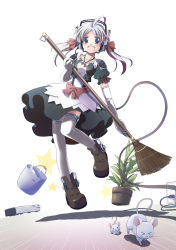 Rule 34 | &gt; &lt;, ahoge, android, bad id, bad pixiv id, blue eyes, bow, broom, bucket, bucket of water, cable, closed eyes, elbow gloves, gloves, hair bow, headphones, highres, houseplant, long hair, maid, mochizuki saku, mouse (animal), open mouth, original, plant, potted plant, smile, solo, star (symbol), thighhighs, twintails, white hair, white thighhighs