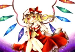 Rule 34 | 1girl, ascot, blonde hair, cheek poking, collared shirt, female focus, finger to face, flandre scarlet, hat, mob cap, namakuby, poking, red eyes, shirt, side ponytail, solo, touhou, white hat, wings