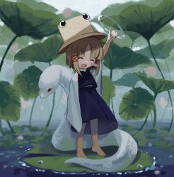 Rule 34 | 1girl, arm up, barefoot, blonde hair, blush, blush stickers, brown headwear, closed eyes, fang, happy, highres, holding, holding jewelry, holding ring, jewelry, lily pad, lisa (faeuna), long sleeves, mishaguji, moriya suwako, open mouth, purple skirt, purple vest, pyonta, ring, skin fang, skirt, snake, solo, standing, touhou, turtleneck, vest, wide sleeves