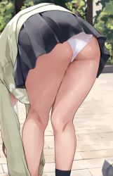 Rule 34 | 1girl, adjusting clothes, adjusting shoe, ass, bent over, black skirt, commentary request, head out of frame, highres, kneepits, legs, long sleeves, musunde hiraite (mh5jta), original, outdoors, panties, skirt, socks, solo, standing, thighs, underwear, upskirt, white panties