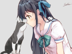 Rule 34 | 1girl, animal, banned artist, black hair, blouse, blue bow, blush, bow, brown eyes, cat, closed mouth, commentary request, grey background, hair bow, long hair, noses touching, original, plaid, plaid bow, profile, puffy short sleeves, puffy sleeves, sailor collar, school uniform, serafuku, shirt, short sleeves, signature, simple background, solo, striped, striped bow, suihi, upper body, very long hair, white sailor collar, white shirt