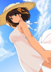 Rule 34 | 1girl, brown hair, cloud, cowboy shot, day, dress, hair ribbon, haruhisky, hat, highres, ribbon, sky, sleeveless, sleeveless dress, solo, straw hat, sun hat, sundress, suzumiya haruhi, suzumiya haruhi no yuuutsu, white dress