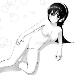 Rule 34 | 1girl, black hair, blush, breasts, bubble, cleft of venus, closed mouth, collarbone, completely nude, gentoo penguin (kemono friends), greyscale, hand on own hip, headphones, kemono friends, large breasts, looking at viewer, lying, monochrome, multicolored hair, navel, nipples, nude, on side, penguin girl, pussy, solo, watayoshi (suiiho)