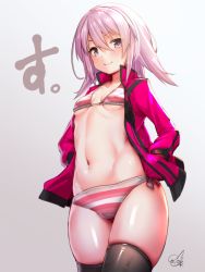 Rule 34 | 1girl, bikini, black thighhighs, breasts, brown eyes, commentary request, cowboy shot, doyouwantto, gradient background, grey background, hands in pockets, jacket, navel, open clothes, open jacket, original, purple hair, red jacket, short hair, signature, small breasts, smile, solo, standing, striped bikini, striped clothes, swimsuit, thighhighs