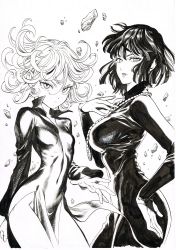 Rule 34 | 2girls, absurdres, bob cut, breasts, closed mouth, covered navel, cowboy shot, debris, dress, floating clothes, floating hair, fubuki (one-punch man), greyscale, hair between eyes, highres, impossible clothes, jewelry, long sleeves, looking at viewer, medium breasts, monochrome, multiple girls, murata yuusuke, necklace, no panties, official art, one-punch man, pearl necklace, pelvic curtain, short hair, siblings, sisters, small breasts, tatsumaki, telekinesis, traditional media