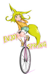 Rule 34 | 1girl, absurdres, animal ears, blonde hair, clothes writing, doitsuken, english text, fluffy, food, fox child (doitsuken), fox ears, fox tail, fur trim, green shorts, hand up, highres, holding, long sleeves, orange footwear, orange shirt, original, popsicle, revision, shirt, shoes, shorts, simple background, socks, solo, striped clothes, striped socks, sweatdrop, tail, thick eyebrows, unicycle, white background