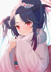 Rule 34 | 1girl, absurdres, black hair, black horns, blue archive, commentary, flower, fuuka (blue archive), fuuka (new year) (blue archive), hair flower, hair on horn, hair ornament, highres, horns, japanese clothes, kimchizu, kimono, looking at viewer, new year, obi, pink kimono, red eyes, sash, smile, solo, wide sleeves, yukata