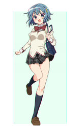 Rule 34 | 1girl, absurdres, arm at side, bag, black footwear, black skirt, blue eyes, blue hair, blush, border, breasts, brown footwear, chromatic aberration, clenched hand, clothes lift, d:, dot nose, flying sweatdrops, full body, fuyuneko, green background, hair ornament, hairclip, high collar, highres, jewelry, juliet sleeves, loafers, long sleeves, mahou shoujo madoka magica, mahou shoujo madoka magica (anime), medium breasts, miki sayaka, mitakihara school uniform, neck ribbon, open mouth, plaid, plaid skirt, pleated skirt, puffy sleeves, red ribbon, ribbon, ring, running, school bag, school uniform, shoes, short hair, simple background, skirt, skirt lift, socks, solo, square, standing, standing on one leg, sweat, underboob, v-shaped eyebrows, white background, white border