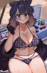 Rule 34 | 1girl, alternate breast size, auraaa, bikini, blue eyes, blush, breasts, can, cleavage, clothes around waist, cooler, curvy, drink can, gloves, highres, hololive, hololive english, ice, jacket, jacket around waist, large breasts, long hair, looking at viewer, mole, mole under eye, multicolored hair, navel, ninomae ina&#039;nis, orange hair, pepsi, pointy ears, purple hair, soda can, solo, sweat, swimsuit, tentacle hair, thick thighs, thighs, virtual youtuber