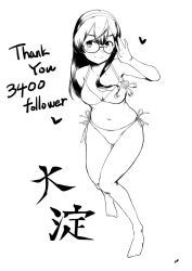 Rule 34 | 1girl, 4me 4ma, adjusting eyewear, alternate breast size, barefoot, bikini, breasts, character name, cleavage, commentary request, full body, greyscale, hairband, halterneck, kantai collection, lineart, long hair, looking to the side, medium breasts, milestone celebration, monochrome, ooyodo (kancolle), semi-rimless eyewear, side-tie bikini bottom, smile, solo, swimsuit, thank you, under-rim eyewear